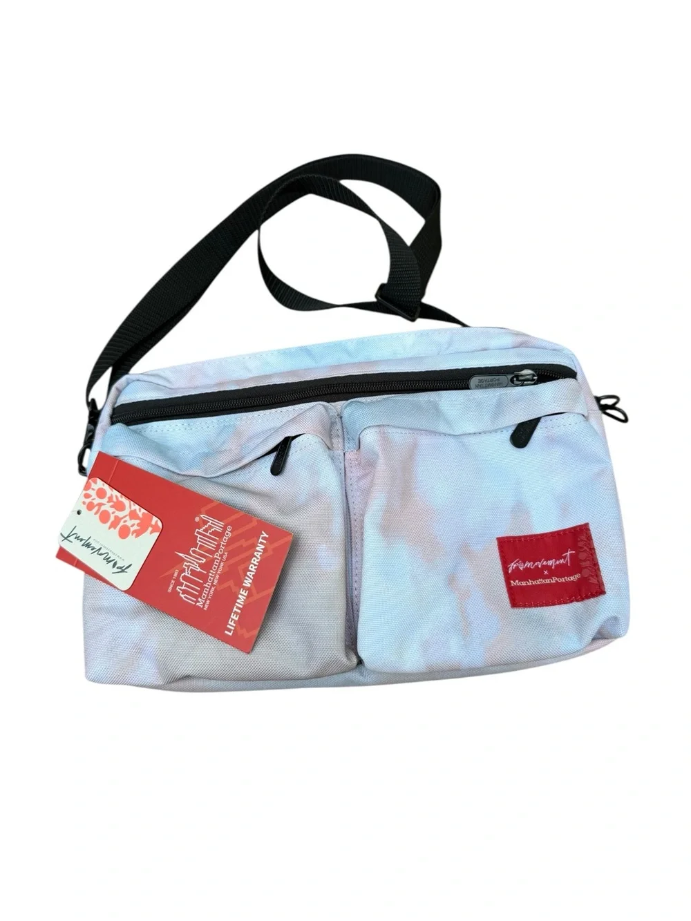 Free People Movement Light Blue Tie-Dye Crossbody Bag with Red Patch NWT